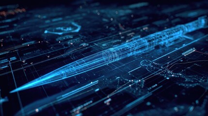 Fototapeta premium Digital schematic rendering of a streamlined projectile hovers over complex electronic pathways