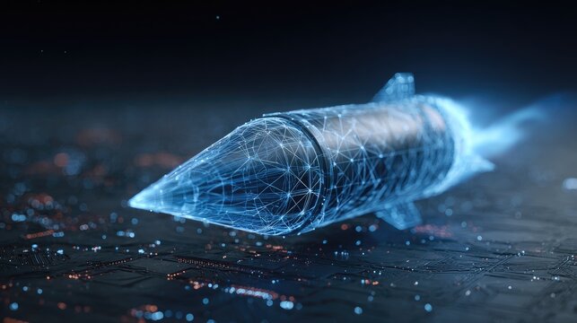 Illuminated digital projectile concept streaks across a dark technological surface