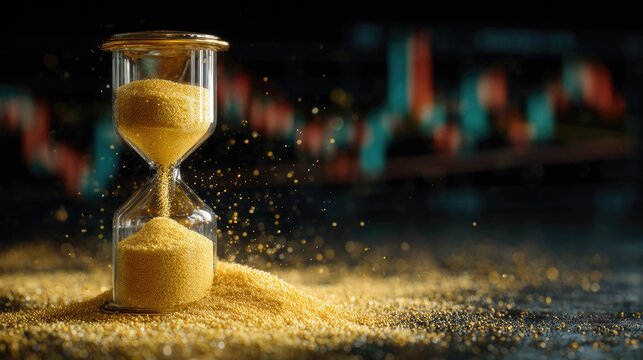 Golden granular material flows through a time measuring device set against a blurred market display