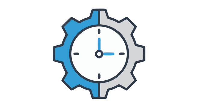 flat vector gear clock icon with blue face and white hands for time management