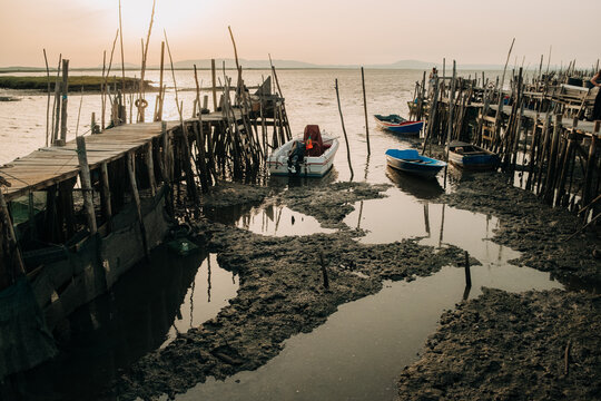 Fishing Boats at Low Tide Near Wooden Docks