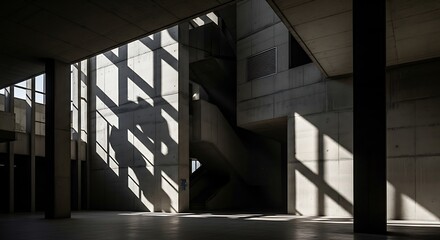 Obraz premium Harsh sunlight streams into a modern concrete building casting geometric shadows across the interior