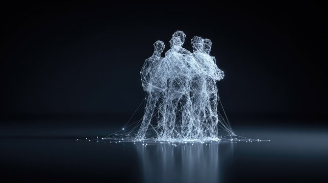 Group of human figures materialized from glowing digital connections on a dark reflective surface