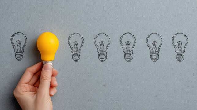 Human hand selects a single yellow illumination source contrasting with multiple drawn outlines of similar objects.