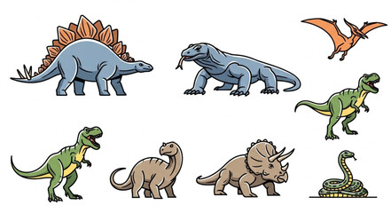 Collection of various dinosaur species and prehistoric creatures. © Sedap
