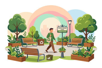 Obraz premium Eco Friendly Urban Oasis Pedestrian Zone with Man Walking in Park