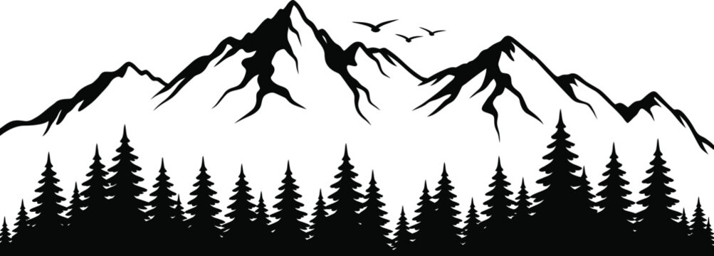Black silhouette of jagged mountains and pine trees
