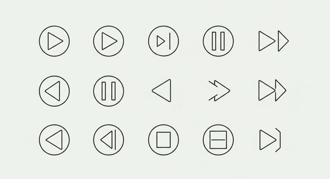 Collection of music player control icons in outline style.