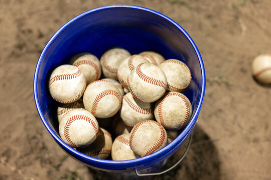  baseballs placed in a blue bucket