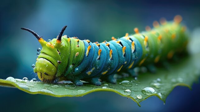 Vibrant larval insect crawls across a dew covered leaf in close up macro view