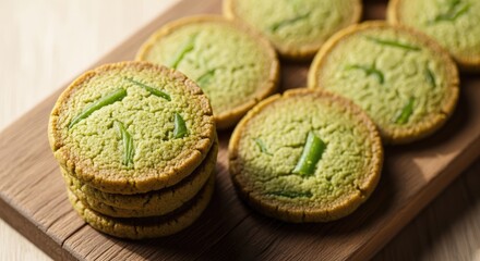 Fototapeta premium Delicious Green Matcha Cookies on Wooden Board.