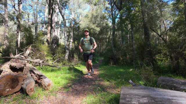 A runner swiftly navigates past a fallen tree on a forest trail, showcasing agility, momentum, and the thrill of trail running through natural woodland terrain.