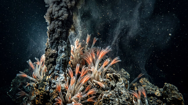 Extreme Macro of a Deep Sea Hydrothermal Black Smoker Vent with Glowing Extremophile Tubeworms