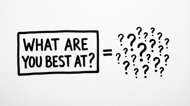 Hand drawn question marks and text box with what are you best at equals puzzled expression