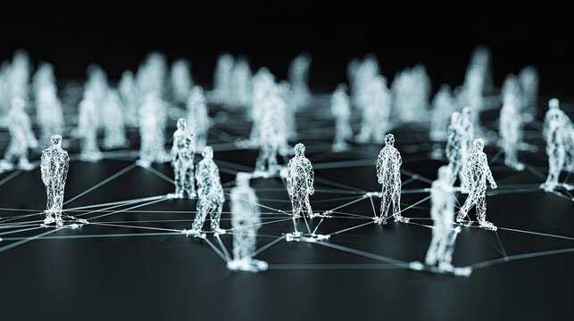 Digital representations of human figures form a complex web structure on a dark surface