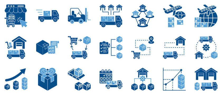 Logistics, warehouse and supply chain management icon set. Duotone color icon including inventory, delivery, order fulfillment, packaging, freight, cargo, transport, tracking, procurement, retail