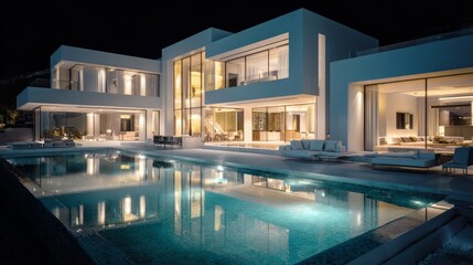 Fototapeta premium Elegant modern villa with illuminated facade and swimming pool at night, showcasing luxurious architecture and serene outdoor space