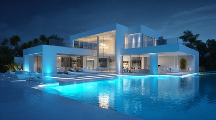 Fototapeta premium Modern luxurious villa with illuminated swimming pool at night, featuring sleek architecture and serene outdoor living space