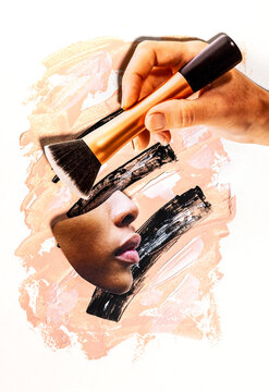 Analog collage of a serious woman having makeup applied