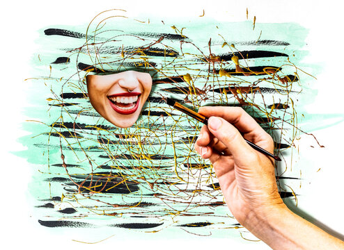 Analog collage, happy woman with makeup brush and hand