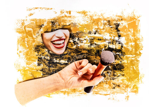 Analog collage of a joyful womans face with hand applying makeup