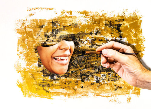 Analog collage of a joyful womans face with hand applying makeup