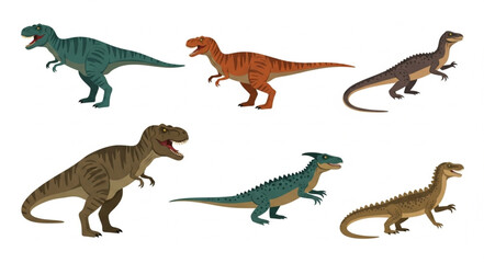 Collection of Six Different Dinosaur Toys Posed Against White Background. © Suker