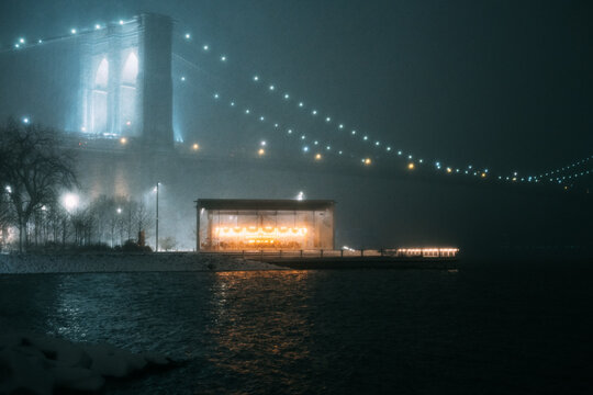 Jane carousel Pavilion under Brooklyn Bridge in a blizzard
