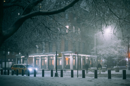 New York City Intersection in Brooklyn Bridge during snow storm