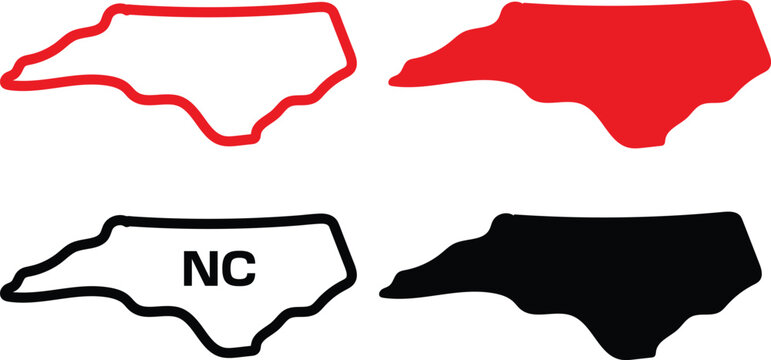 North Carolina State Map Silhouette Set, NC USA Region Vector Illustration Web Icon Minimal Outline Drawing Clipart Symbol Collection White Background