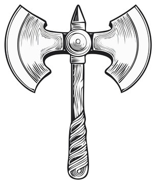 Powerful double bladed battle axe vintage engraving illustration representing strength