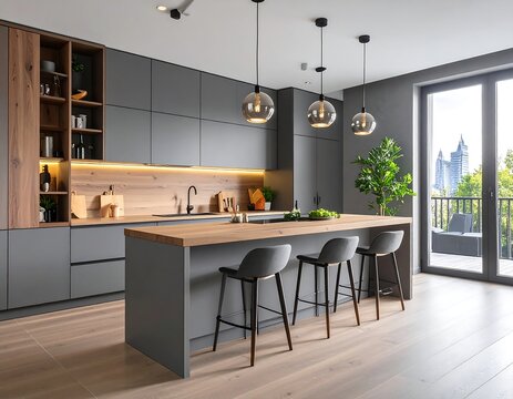 Modern kitchen with sleek grey cabinets, wooden accents, an island with bar stools, and a large window with an outdoor view