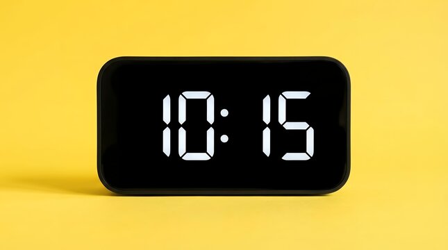 A modern black digital alarm clock displays the time 10 15 in bright white numerals against a vibrant yellow studio backdrop digital clock 1015 electronic object device countdown