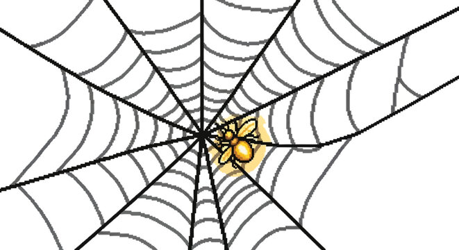 A small yellow spider sits patiently on its intricate web.