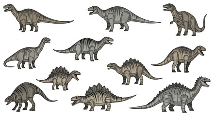Collection of various dinosaur illustrations on a white background. © Suker