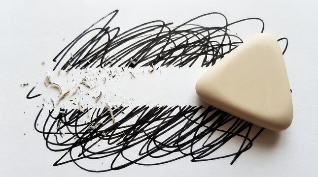 A triangular beige eraser is actively removing black scribbled lines from a white paper surface leaving behind erasure debris erasing pencil drawing sketch art creative process