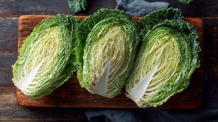 Fototapeta premium Fresh Green Cabbage Slices Displayed on Wooden Cutting Board with Dark Cloth Background