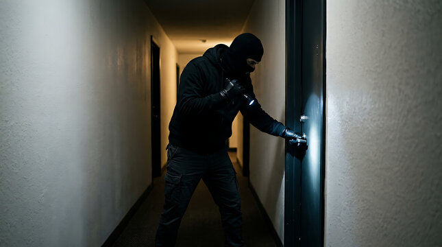 masked intruder in black hoodie using flashlight to break into apartment door in dark hallway representing home security danger and crime threat