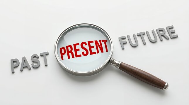 A magnifying glass is positioned over the word PRESENT with PAST to the left and FUTURE to the right symbolizing analysis of time periods concept search examine explore observation