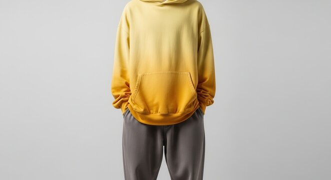 Stylish ombre yellow orange hoodie with grey sweatpants on a plain background showcasing