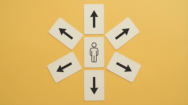 A single figure icon is surrounded by cards with arrows pointing in various directions symbolizing choices and decisions person human man career path options strategy confusion