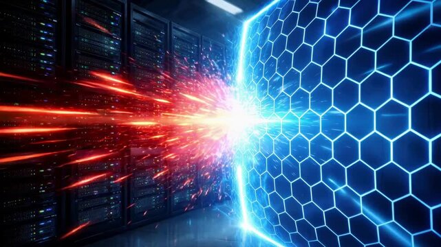Loop animation of red cyber attack energy colliding with glowing hexagonal firewall shield in server room. Concept of cybersecurity, data protection, and network defense.