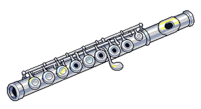 Detailed Illustration of a Silver Metal Flute Musical Instrument.