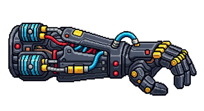 Detailed Pixel Art Robotic Arm with Intricate Mechanics.