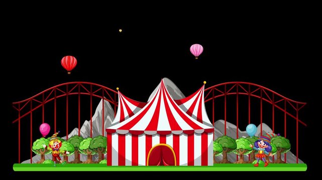 Animated Carnival Scene with Roller Coaster and Circus Tent on Black Background