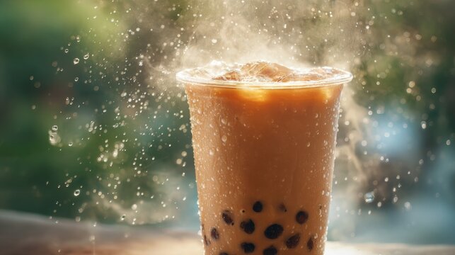 Refreshing bubble tea with ice and tapioca pearls splashing in sunlight over a blurred outdoor background