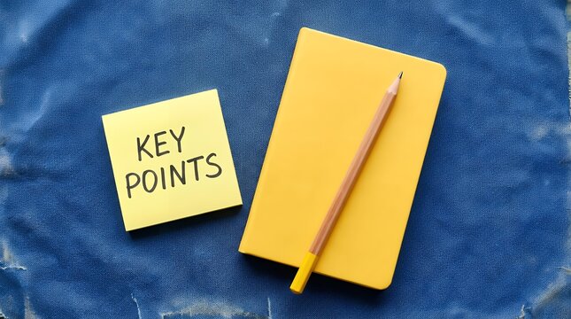 A bright yellow notebook lies beside a yellow sticky note with the words KEY POINTS written on it next to a pencil on a blue textured surface writing notes reminder important