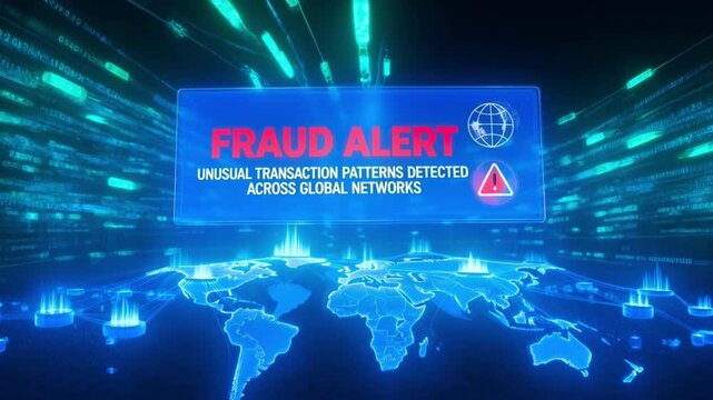 Cybersecurity fraud alert sign on digital world map background