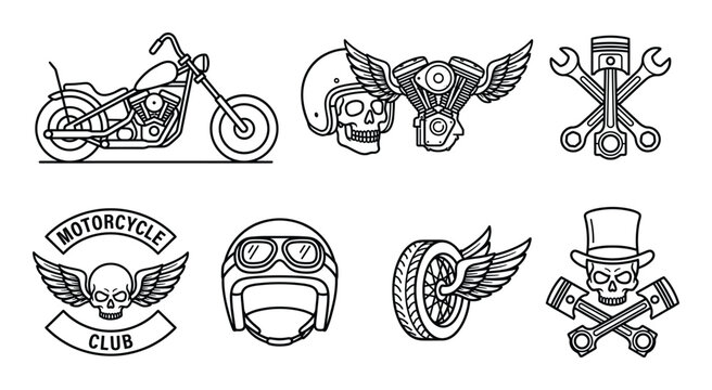 Motorcycle emblems and symbols with skulls helmets wheels and engine parts.