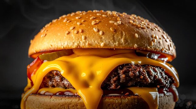 A juicy double cheeseburger with melted cheese and sesame seeds on a toasted bun
